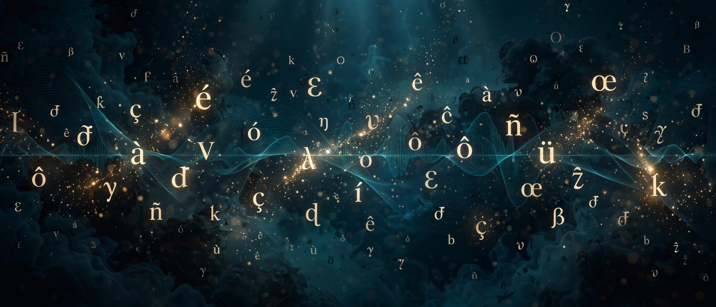 Golden accented letters and a sound wave on a deep teal background